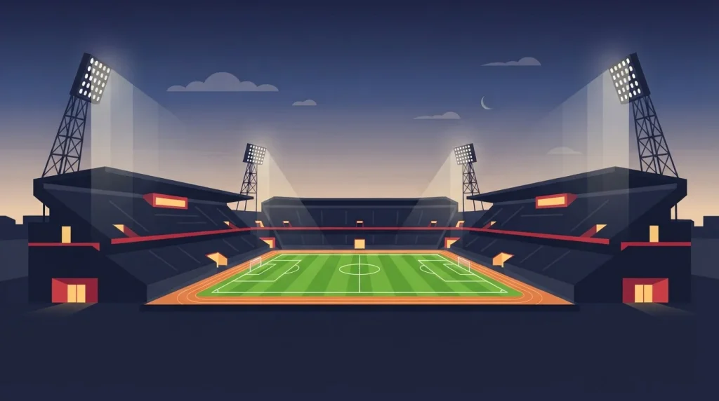 Beleuchtetes Fußballstadion am Abend mit Spielfeld und Flutlichtmasten
