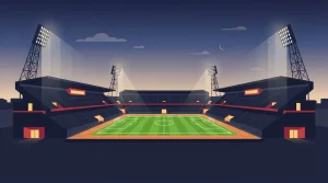 Beleuchtetes Fußballstadion am Abend mit Spielfeld und Flutlichtmasten