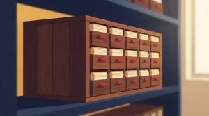 Hölzerne Karteikästen in mehreren Reihen eines Archivregals