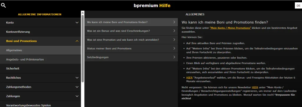 Deutscher Hilfebereich von bPremium mit Themen zu Bonusaktionen und Sportwetten