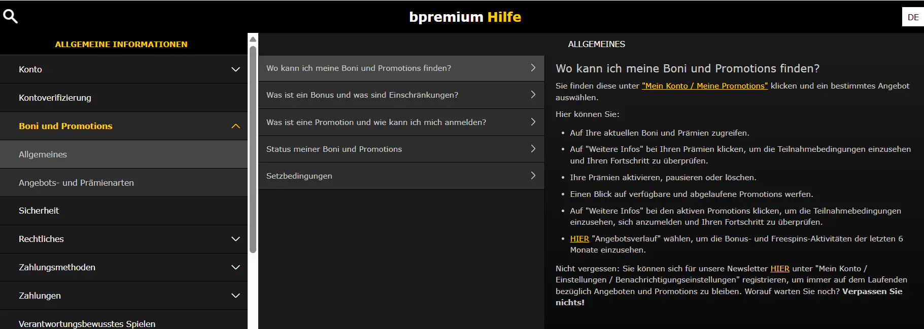 Deutscher Hilfebereich von bPremium mit Themen zu Bonusaktionen und Sportwetten