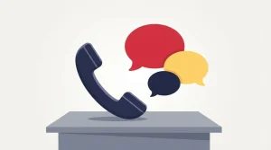 Drei gezeichnete Sprechblasen neben einem klassischen Telefonhörer