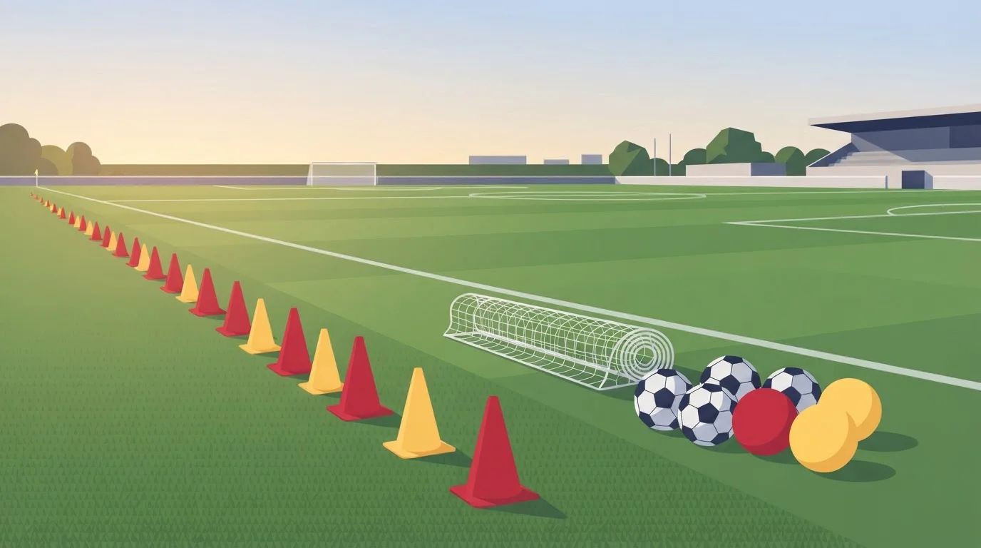 Trainingskegel neben Fußbällen und Sportnetzen am Rand eines Spielfelds