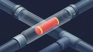 Farbige Transportkapsel in einer transparenten pneumatischen Röhre